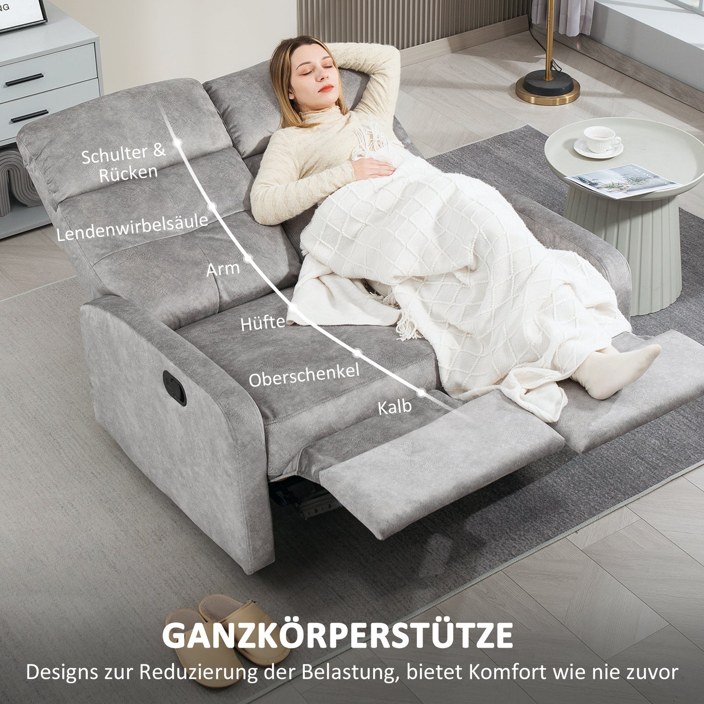 HOMCOM Doppelsitz-Sessel, Relaxsessel mit verstellbarer Doppellehne und Fußablage, für Wohnzimmer, Stoffbezug, Grau