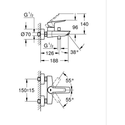 Single lever bath/shower mixer - GROHE Start - 322782432 - Matt black - Exposed wall mounting - Automatic diverter