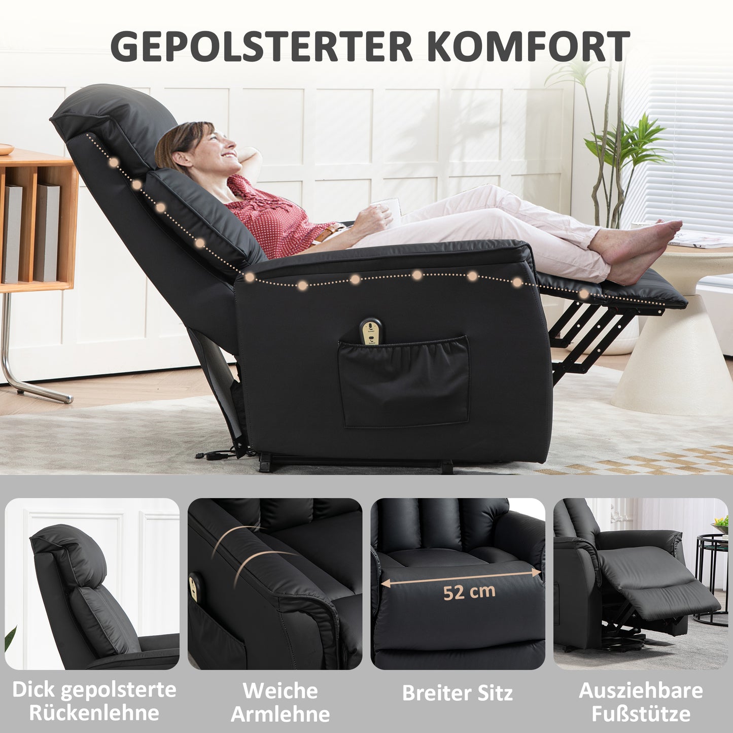 HOMCOM Elektrischer Aufstehsessel, Fernsehsessel, Sessel mit Aufstehhilfe, Liegefunktion, Kunstleder, 80 x 94 x 104 cm, Schwarz