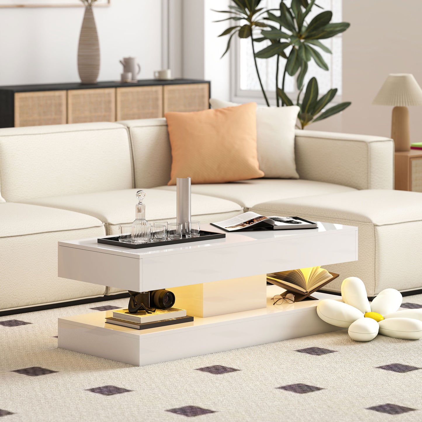 HOMCOM Wohnzimmertisch mit Schubladen und LED-Lichtern, moderner Sofatisch mit offener Ablage, Couchtisch, Spanplatte, Weiß