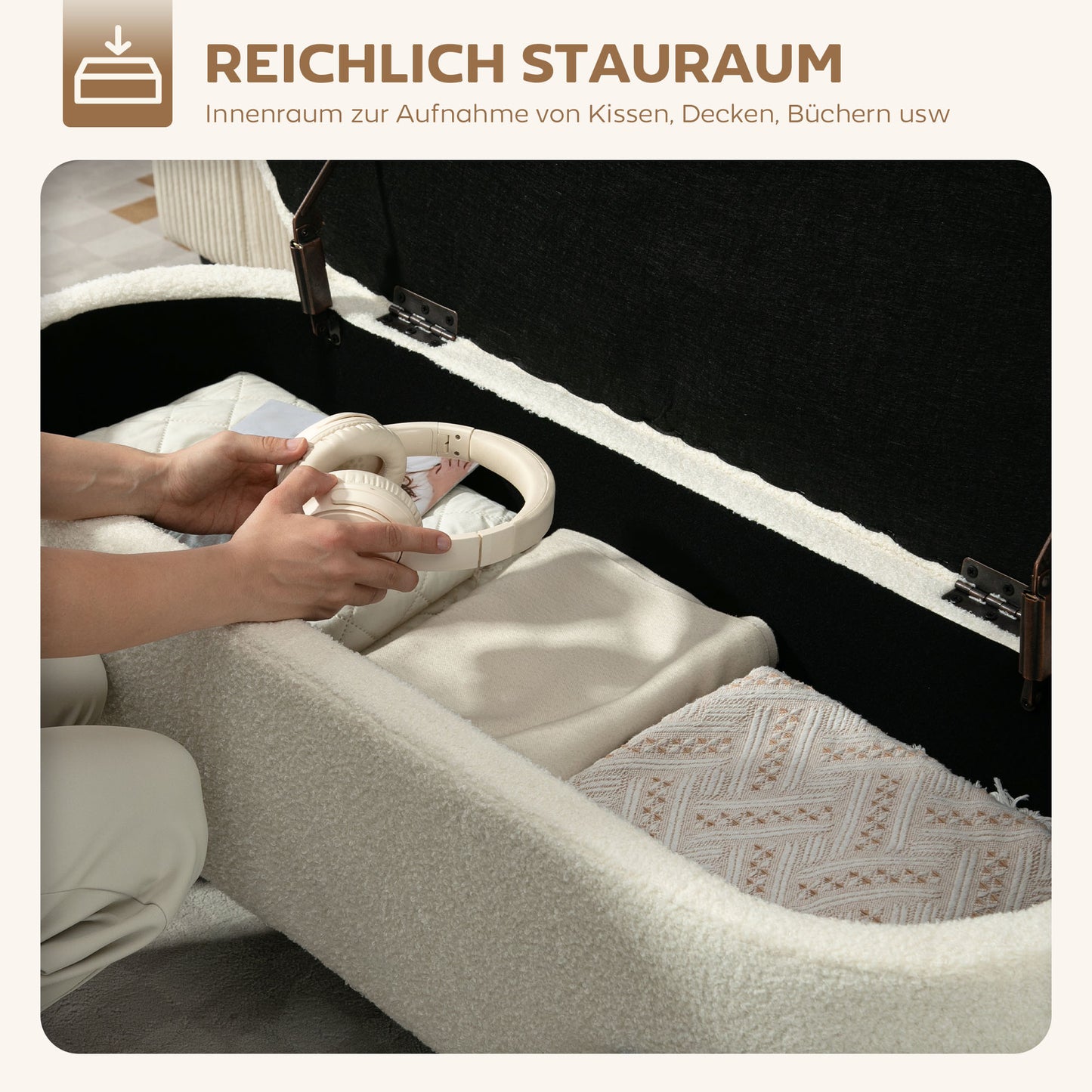 HOMCOM Aufbewahrungs-Hocker, Sitzhocker mit Deckel und Stauraum, Stahlbeine, Polsterhocker mit Fleece-Bezug, Cremeweiß