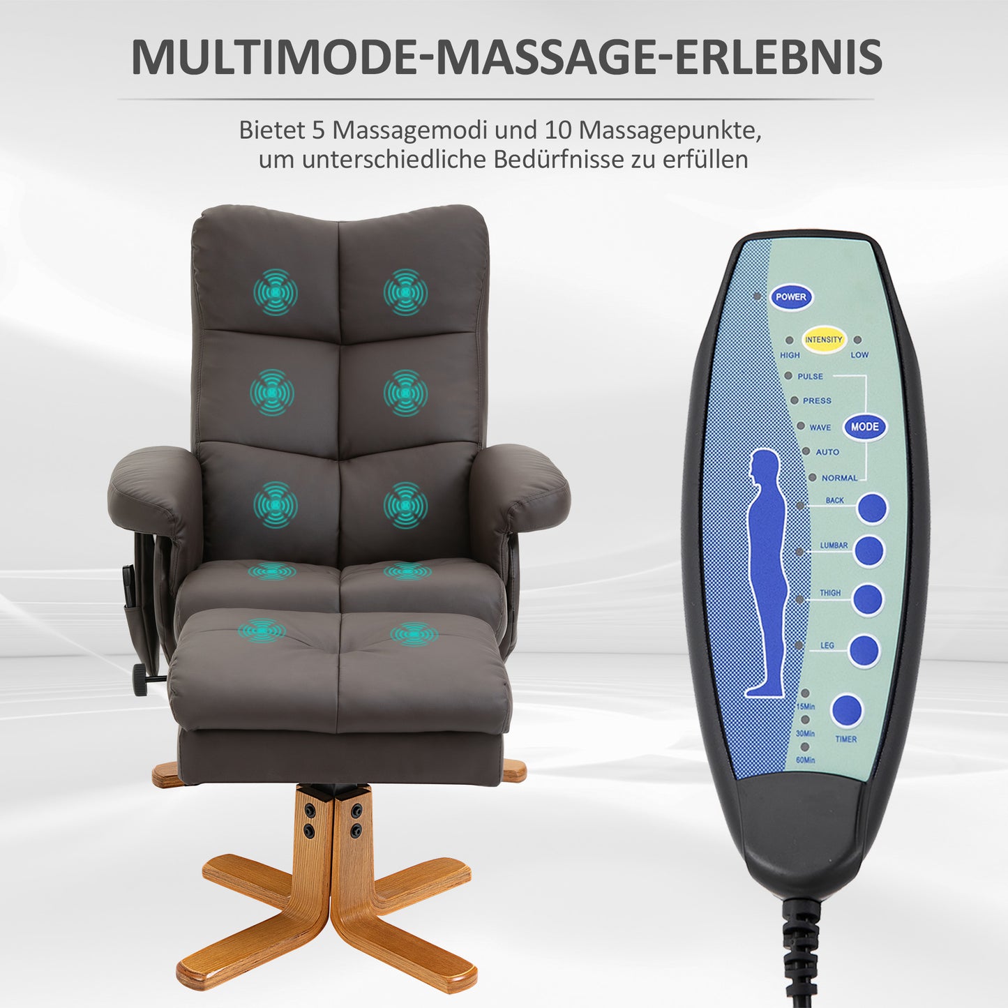HOMCOM Relaxsessel mit Liegefunktion Massagesessel mit Fußhocker Fernsehsessel TV Sessel 145°-Neigung Liegesessel Ergonomischer Stuhl mit 10 Vibrationpunkte Kunstleder Braun 80 x 86 x 99 cm