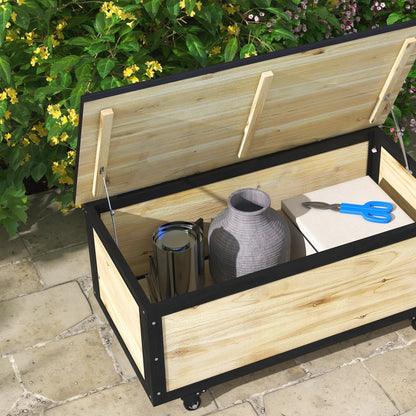 Outsunny Garten-Aufbewahrungsbox, 121 Liter, 2 Räder, wetterfest, Metallscharniere, Naturholz, 100x50x43 cm