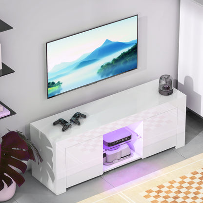 HOMCOM TV-Schrank mit LED-Beleuchtung, 2 Schranktüren, Glasregal, Kabellöcher, für Wohnzimmer, Spanplatte, Weiß