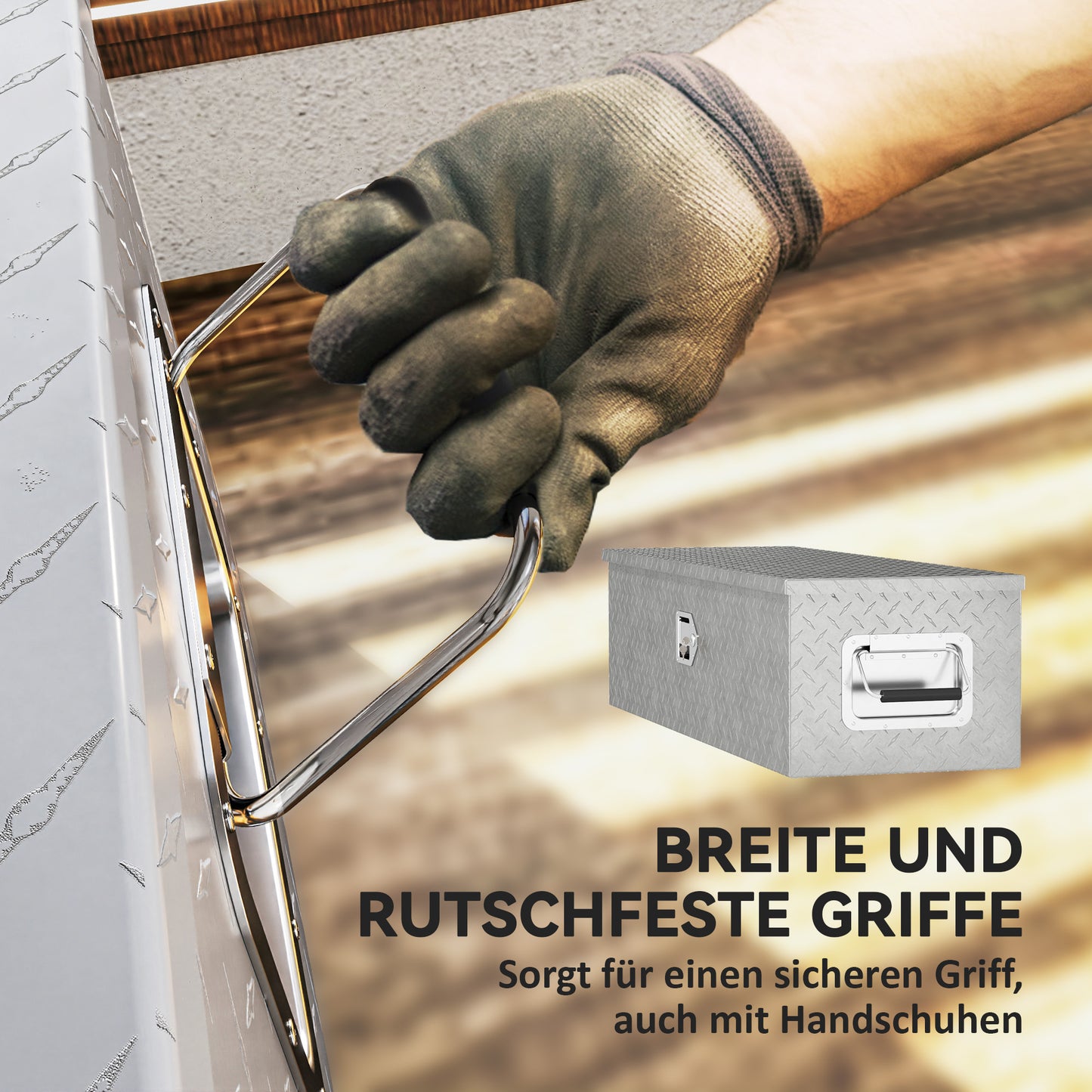 HOMCOM Stabile Aufbewahrungskiste aus Aluminium mit Seitengriffen, Schloss und Schlüsseln, Werkzeugkasten, 99 x 33 x 25,5 cm