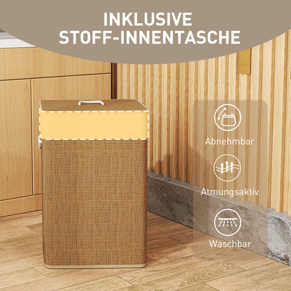 HOMCOM Bambus Wäschekorb mit Deckel 72 L Wäschesammler mit Bambusgriffen, herausnehmbarer Wäschesack Braun