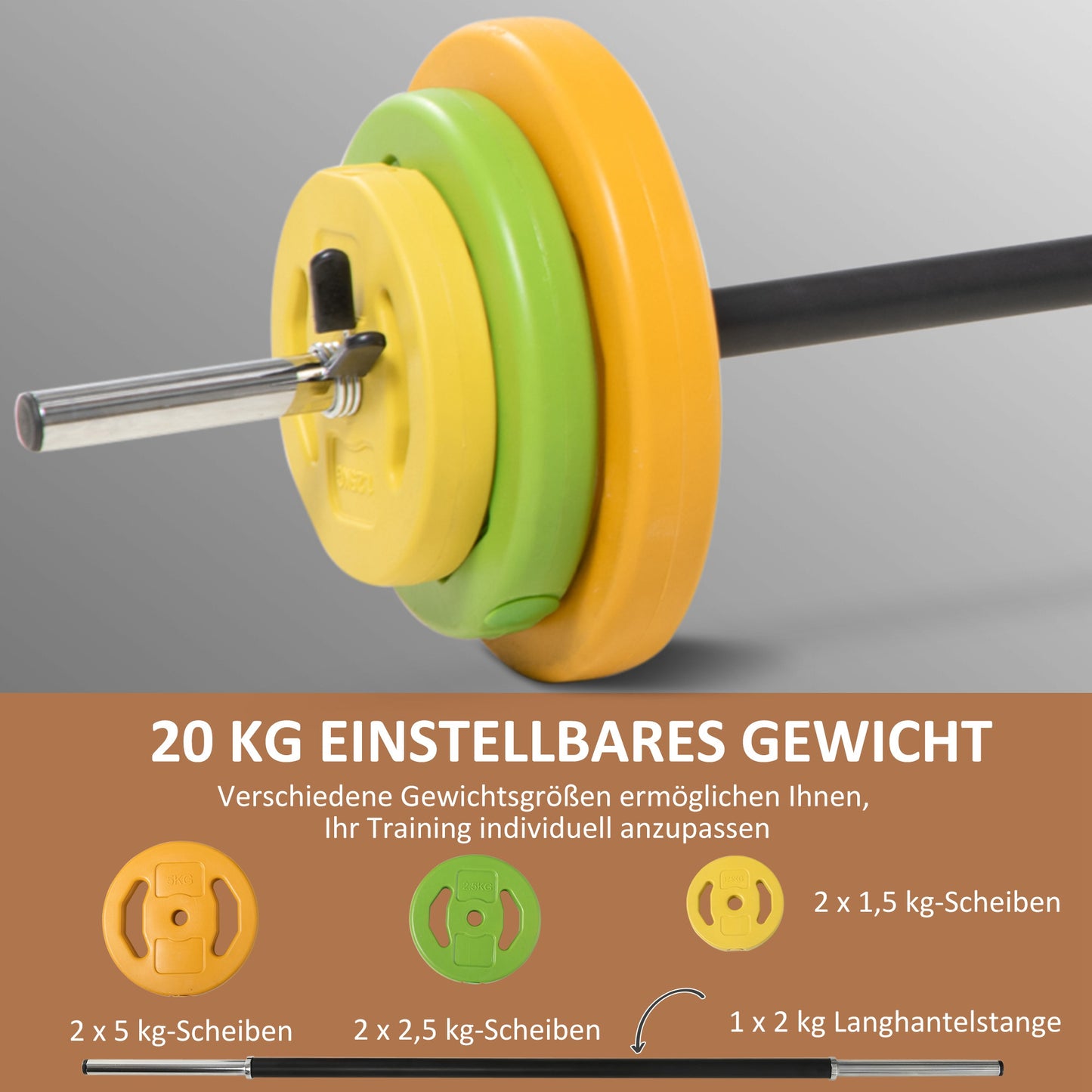 HOMCOM Hanteln Set 20kg Hantelset aus Gusseisen Kurzhanteln mit Verbindungsrohr Rutschfester Griff Mehrfarbig