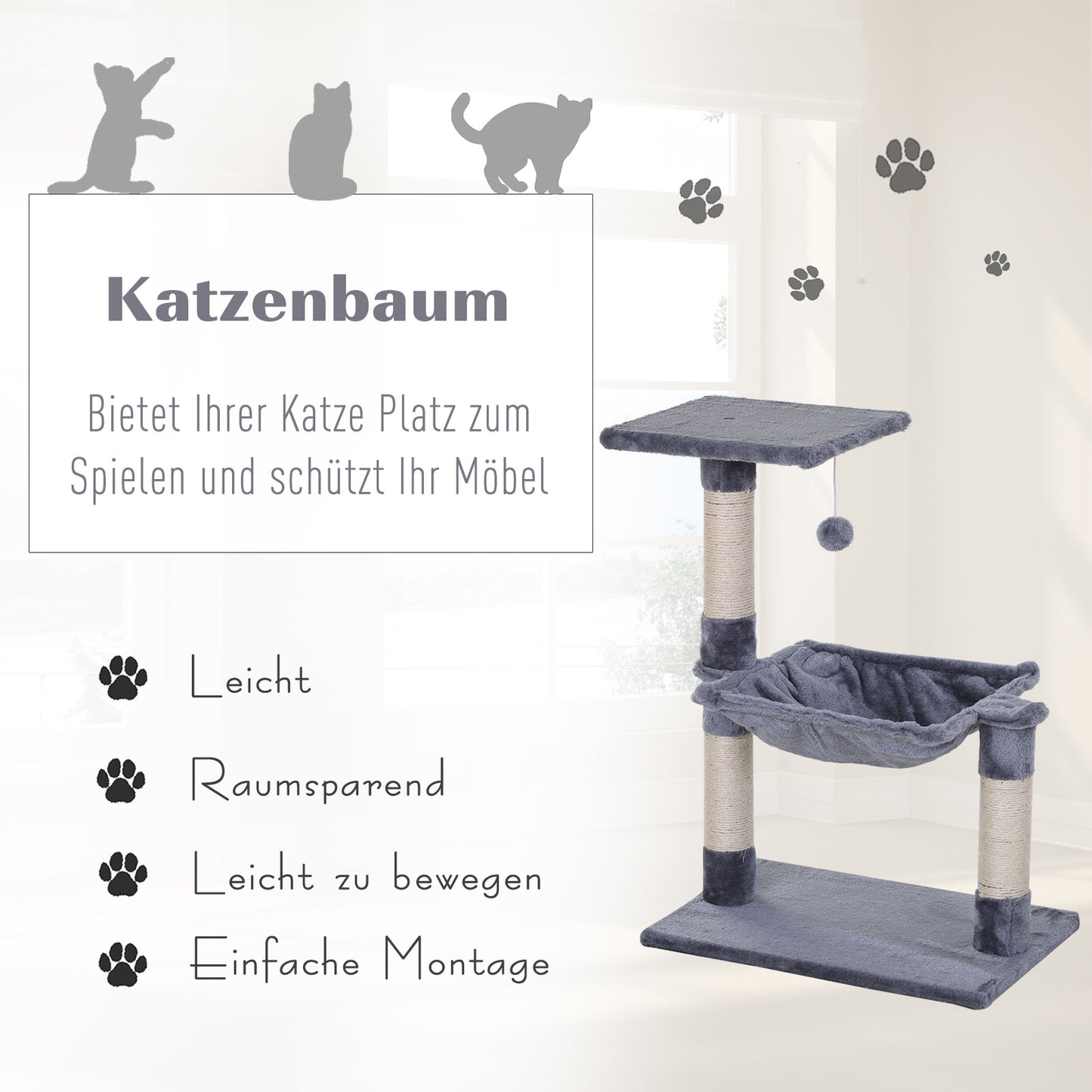 PawHut Kletterbaum Katzenbaum Kratzbaum mit Sisalsäule Plüsch-Hängematte Spanplatte Grau 50 x 36 x 70 cm