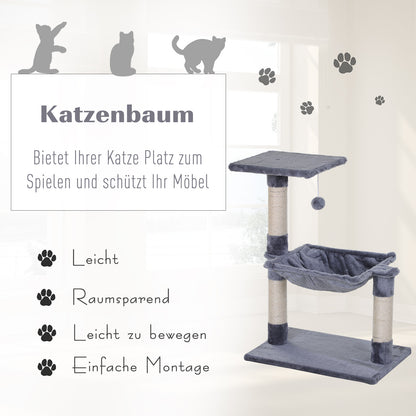 PawHut Kletterbaum Katzenbaum Kratzbaum mit Sisalsäule Plüsch-Hängematte Spanplatte Grau 50 x 36 x 70 cm
