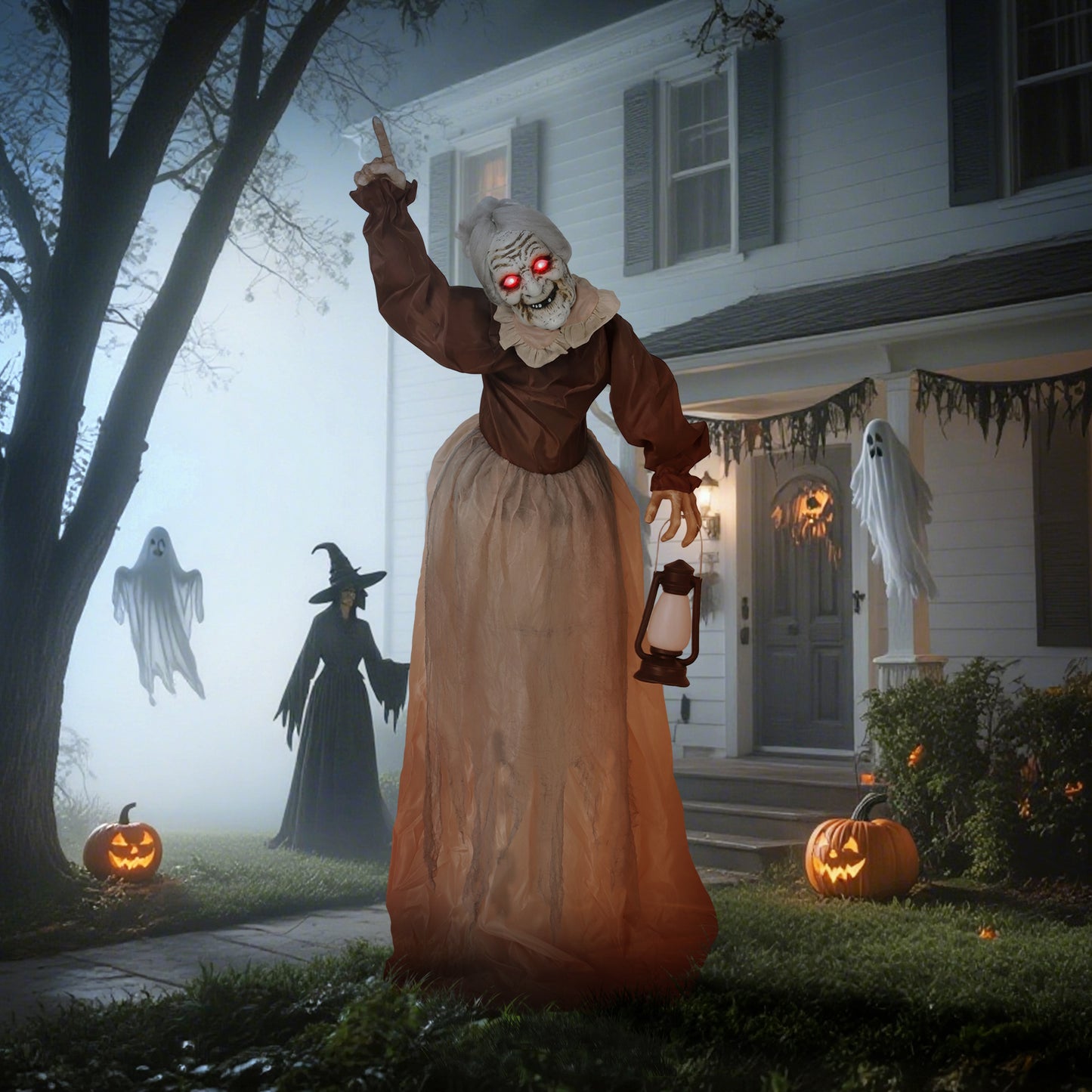 Outsunny 150 cm Halloween Dekoration Halloween Hexe mit LED-Lichter, Soundfunktion verstellbare Arme, Kopf