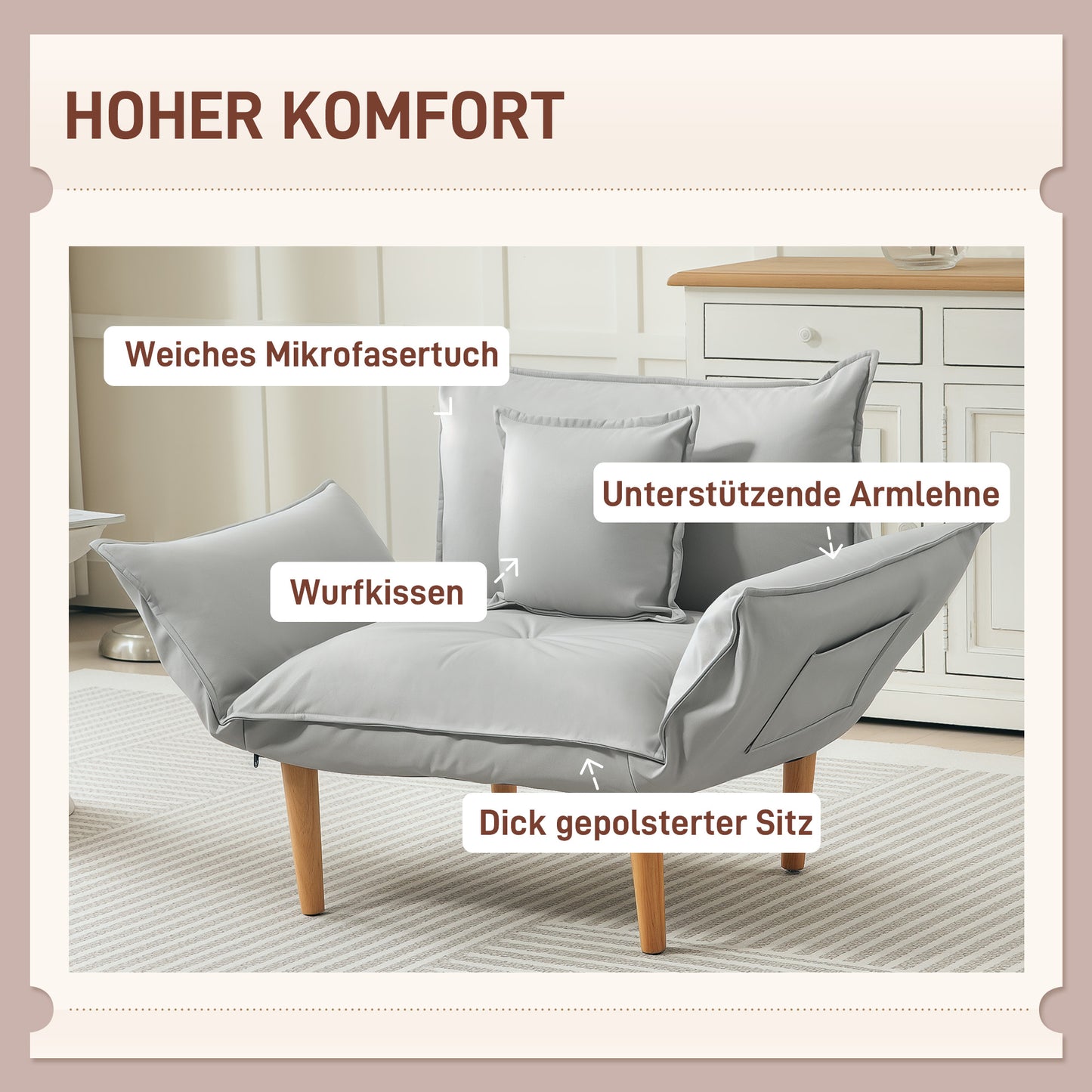 HOMCOM 2-in-1 Verstellbarer Loungesessel, Bodensessel mit Kissen, Polstersessel, für Wohnzimmer, Schlafzimmer, Hellgrau