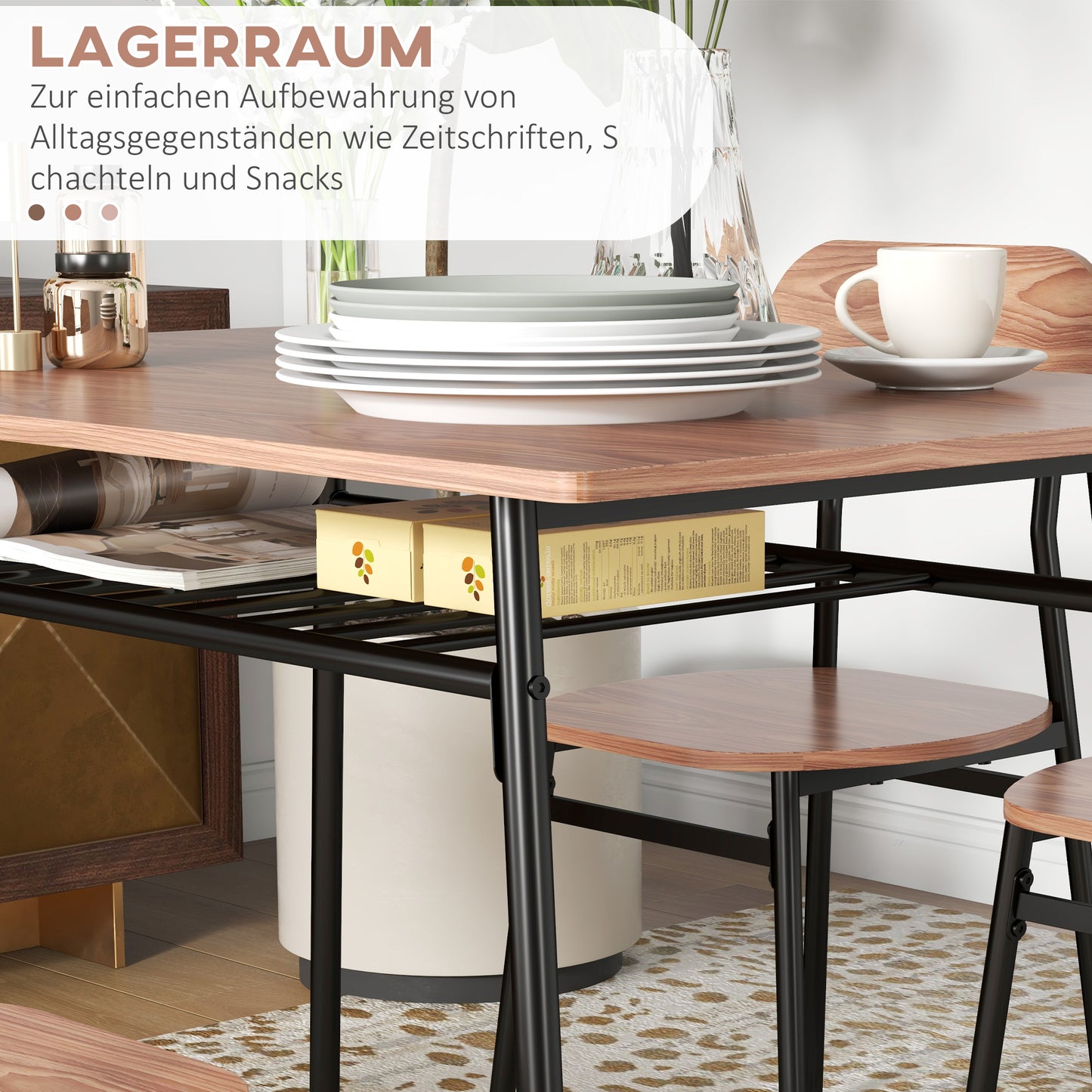 HOMCOM Essgruppe Tisch mit Stühlen Esszimmertisch, Industriedesign, 110 cm x 70 cm x 75 cm, Braun