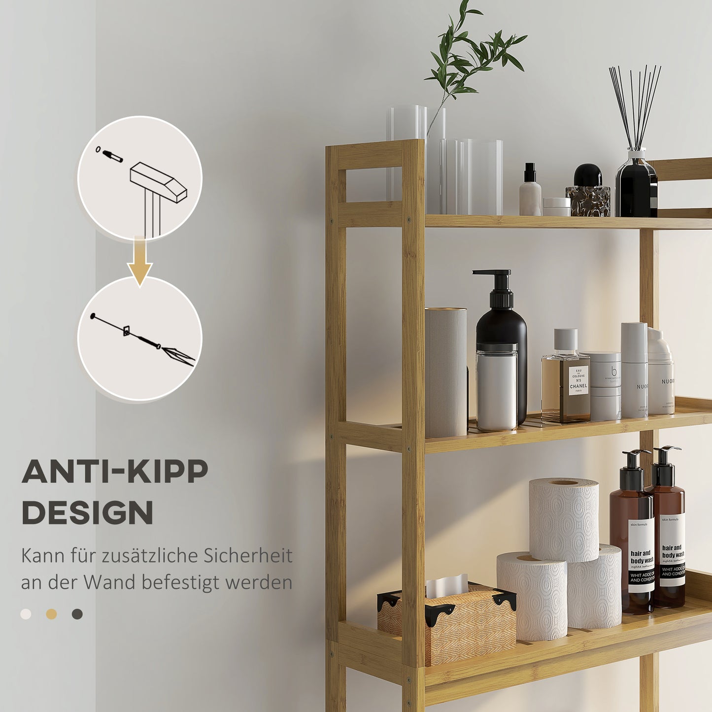 kleankin Badezimmerregal Badregal Toilettenregal, 3 Regale, wasserbeständig, 68 cm x 20 cm x 165 cm, Natur