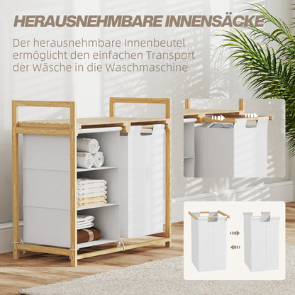 HOMCOM Wäschekorb mit Wäschesack, Stoffschublade, Bambus, 70x36x70 cm, Weiß/Holz