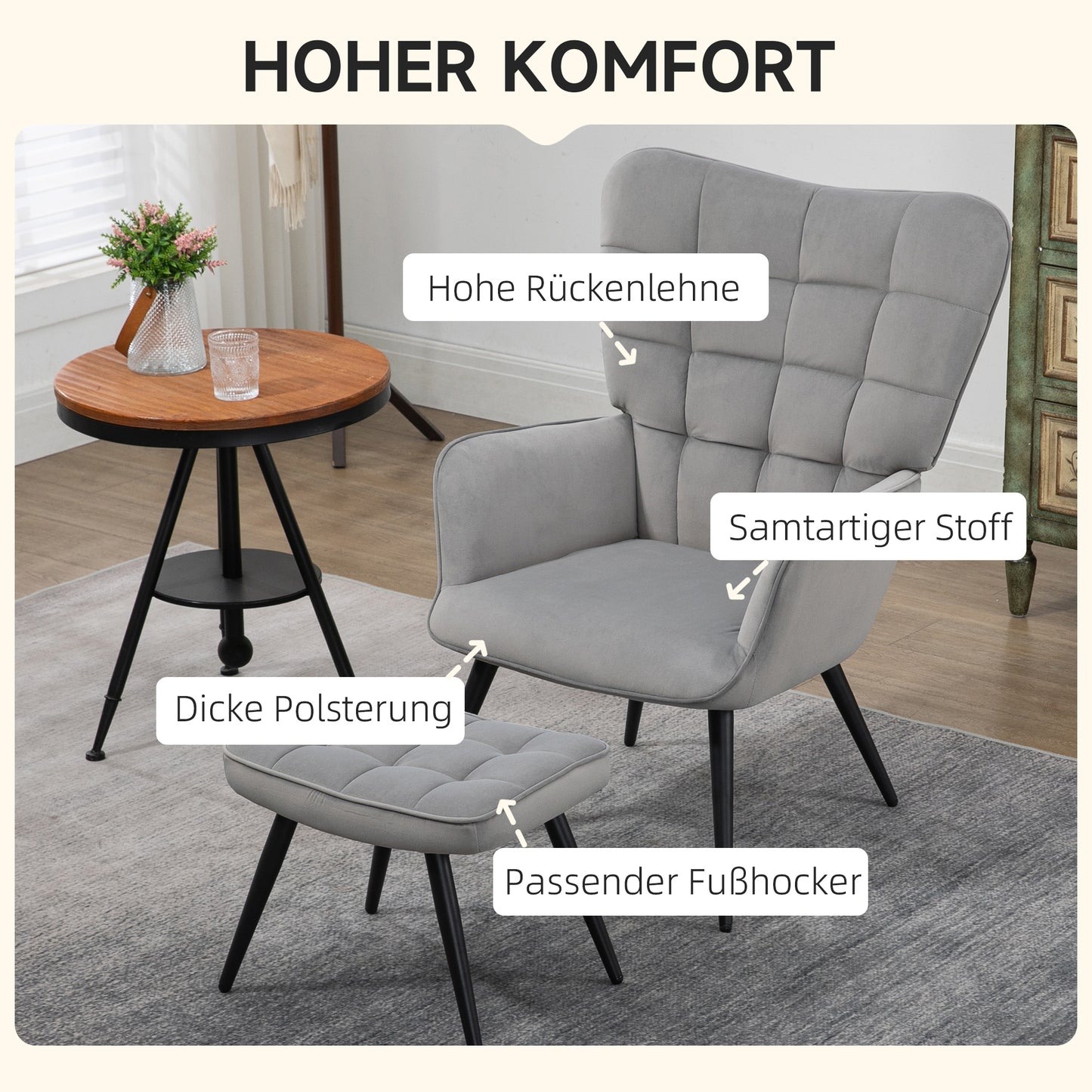 HOMCOM Relaxsessel mit Ottomane bis 120 kg Sessel mit Fußhocker, 2-teiliges Set, Grau