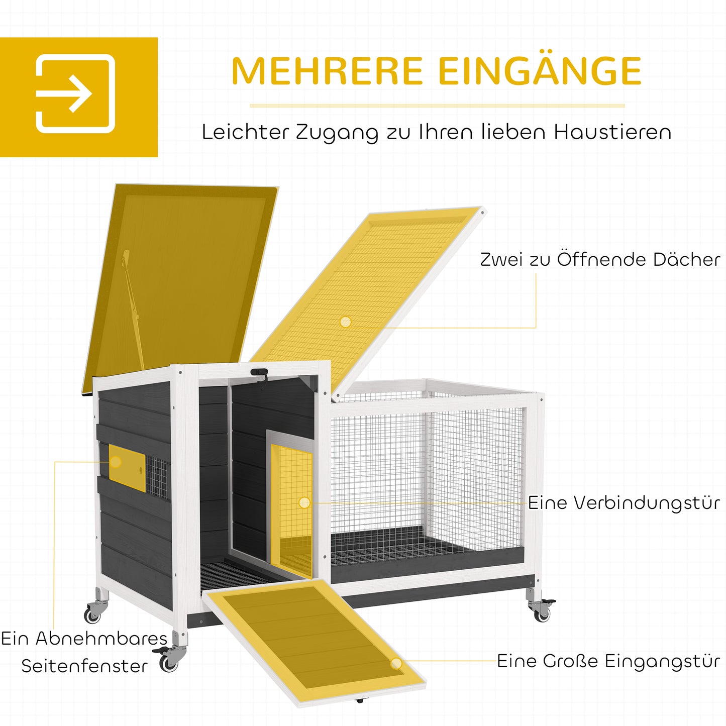 PawHut Kaninchenstall från Holz Hasenstall mit Freilaufgehege Rädern Klappdach für Innen, draußen 92 x 52 x 67 cm Dunkelgrau