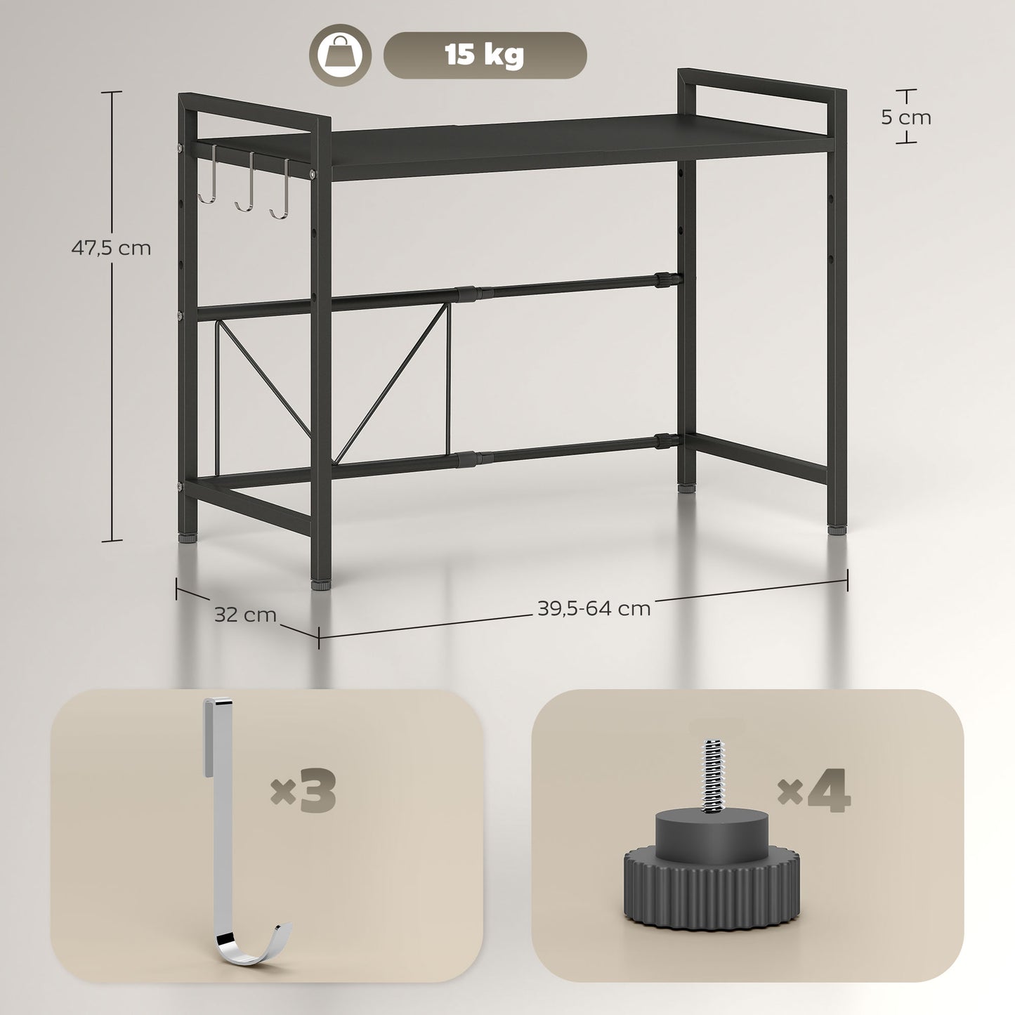 HOMCOM Mikrowellenregal, 3 Haken, ausziehbar, Metall, 40 cm hoch, Schwarz