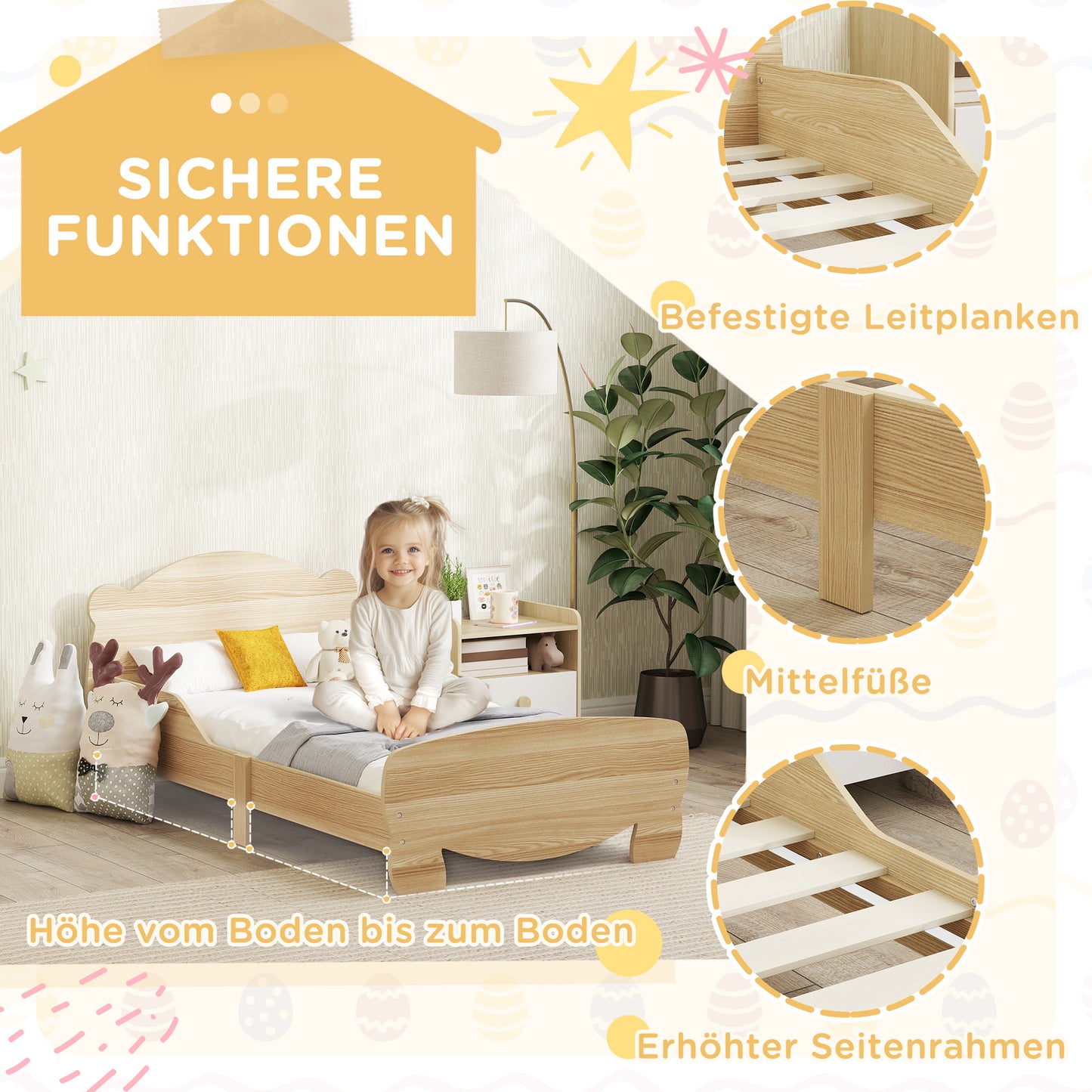 AIYAPLAY Kinderbett Jugendbett Hausbett mit Bären-Design Spielbett für 3-6Jahre Kinder 143,5 x 80 x 55 cm Naturholz