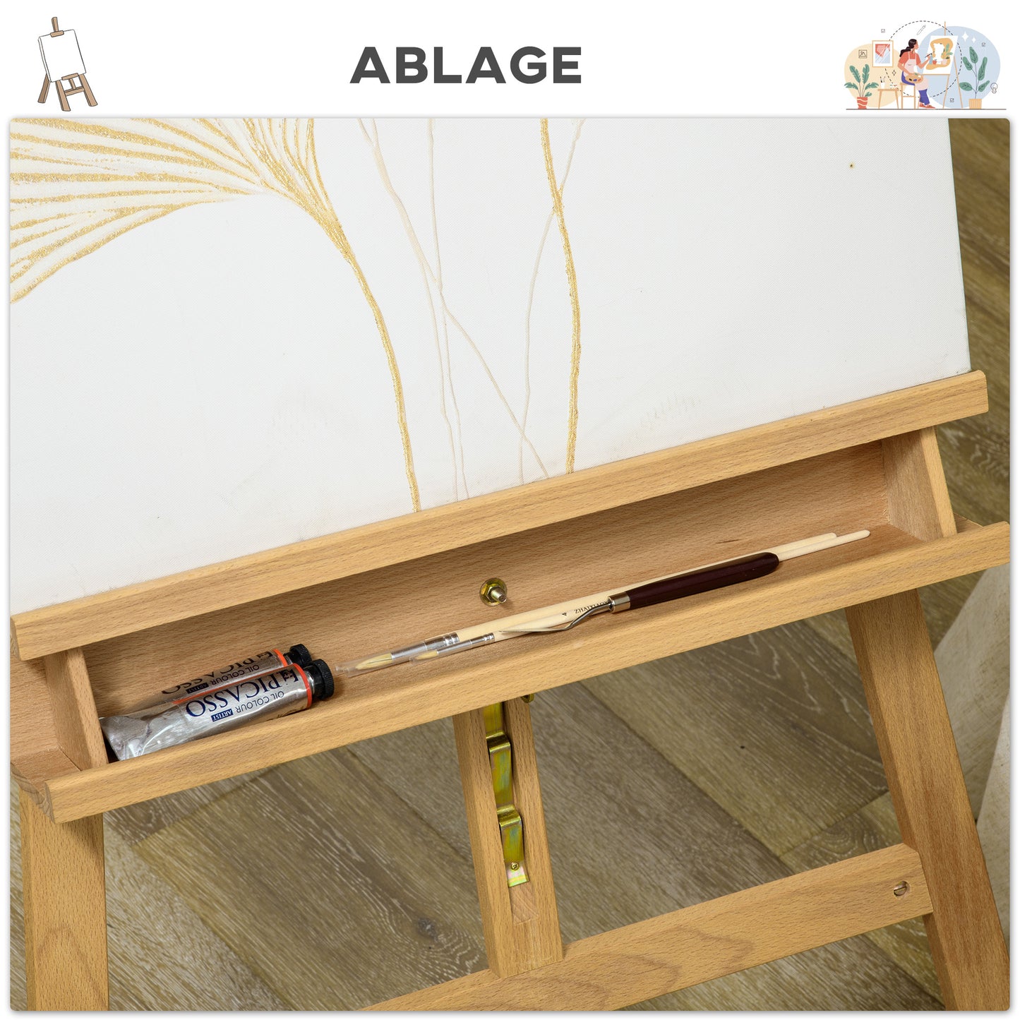 Vinsetto Staffelei, Holzstaffelei, höhenverstellbar, klappbar, Stiftablage, Buchenholz, 65 x 110 x 180-235 cm