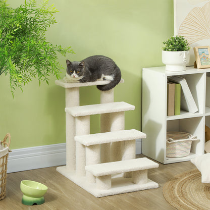 PawHut Katzentreppe 4 Stufen Tiertreppe Treppe für Katze Haustiertreppe Hundetreppe aus Plüsch 61 x 41 x 60 cm Cremeweiß