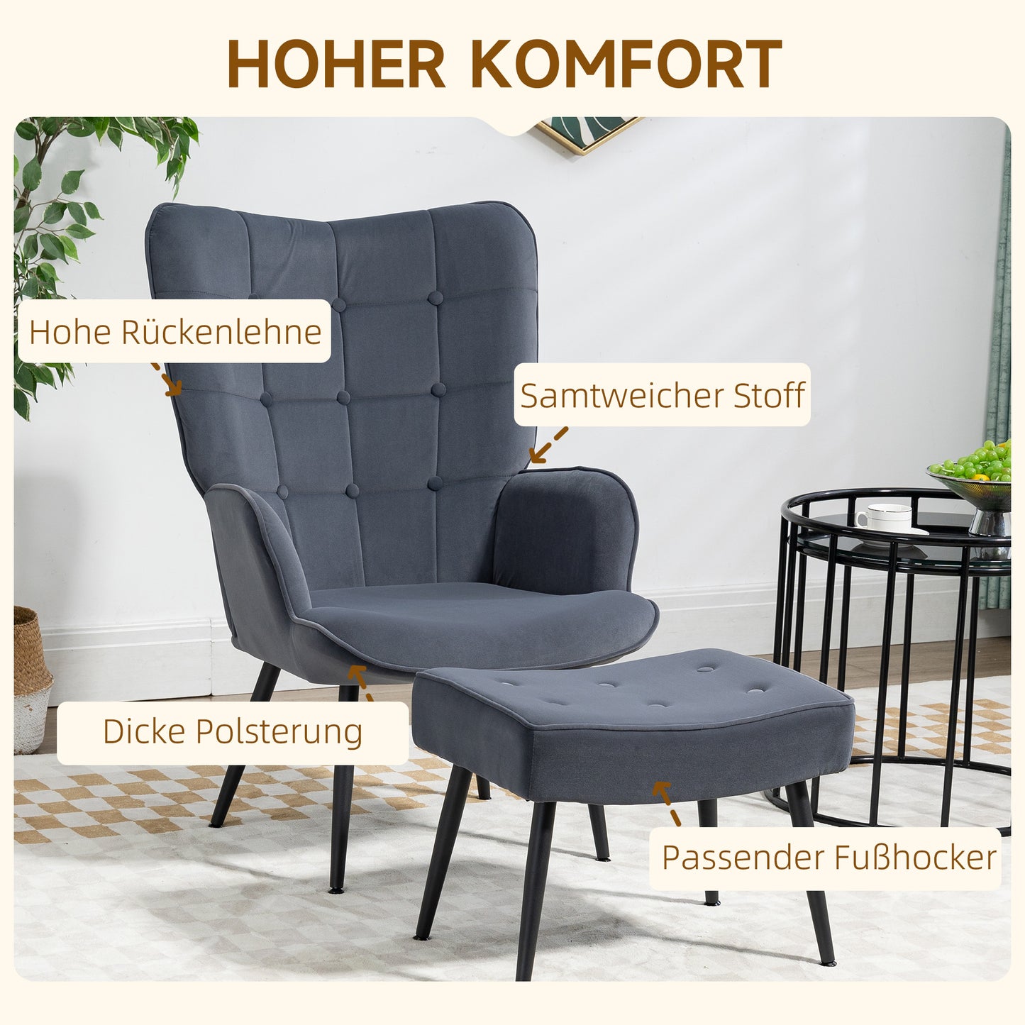 HOMCOM Sessel mit Ottomane, bis 120 kg. Knopfheftung, Dunkelgrau