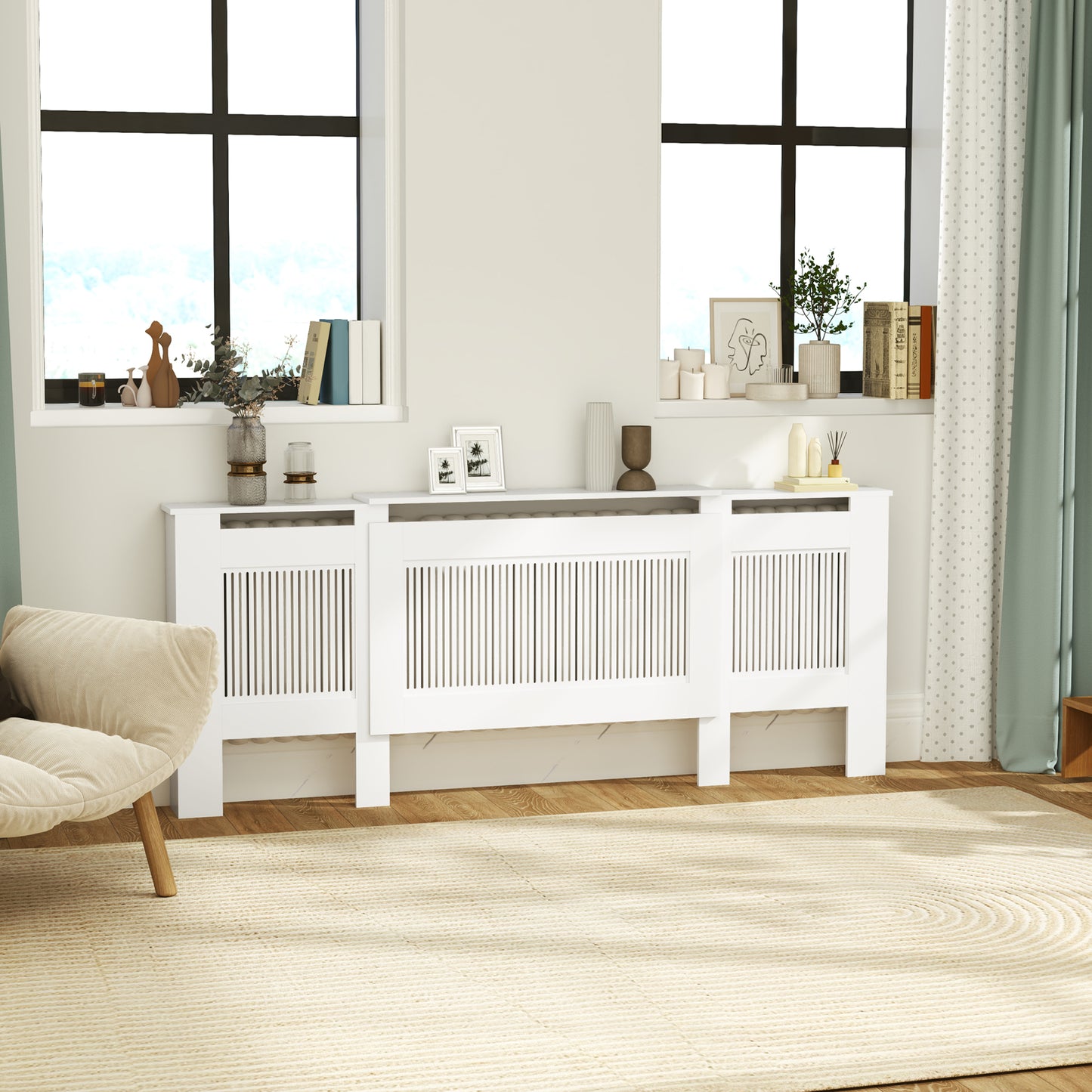 HOMCOM Heizkörperverkleidung, Lamellendesign, verstellbare Länge 125-201 cm, MDF, Weiß