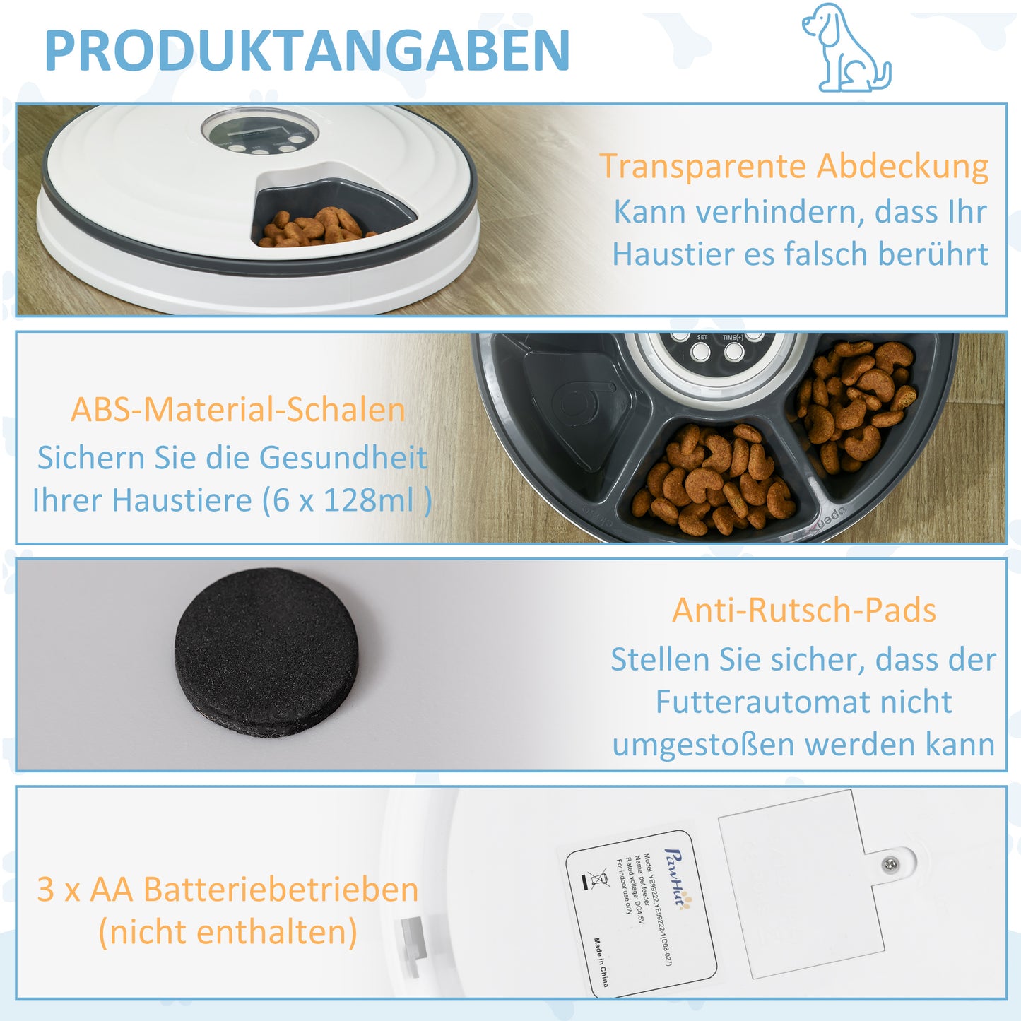 PawHut Futterautomat Katze Nassfutter Katzenfutter mit LED-Display, Programmierbarem Timer, 6 Futter-Fächer für je 70 g Trockenfutter 4 Mahlzeiten Automatischer Futterspender für Hunde Katzen