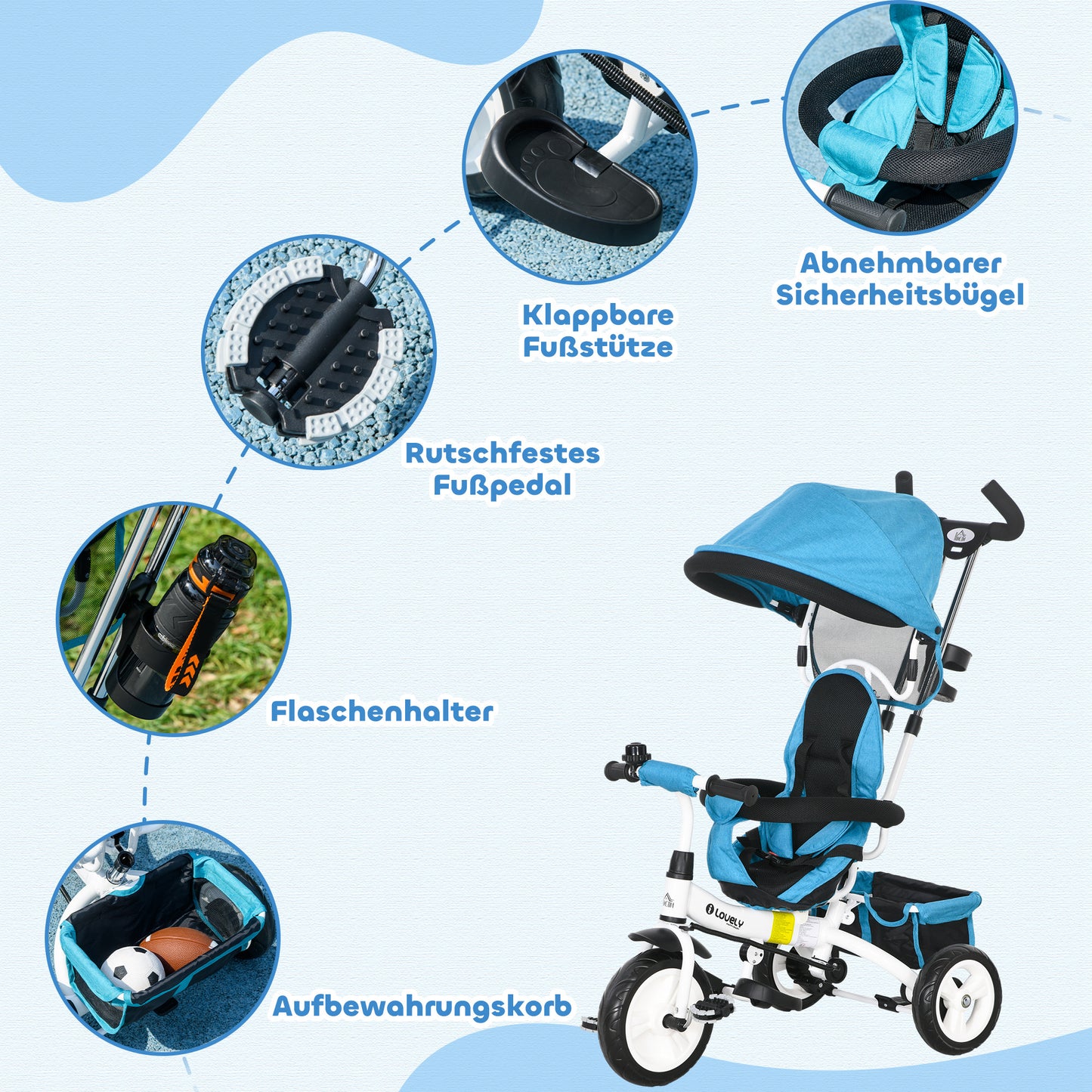 HOMCOM 6-in-1 Kinderdreirad mit Schiebestange, Dach, Gurt, Ablagekorb, für 1-5 Jahre, Blau