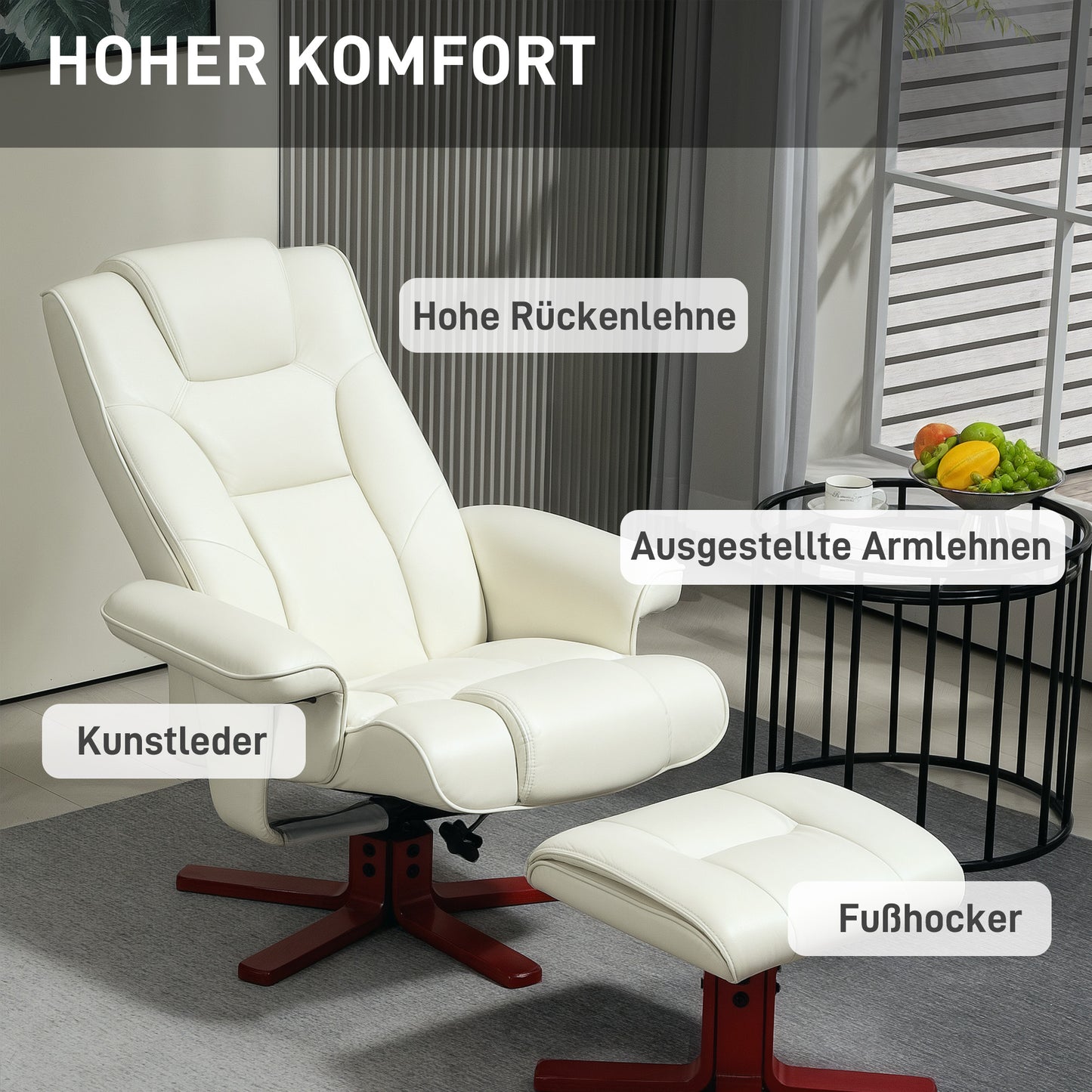 HOMCOM Relaxsessel mit Hocker, Lederoptik, neigbare Lehne, bis 150 kg, Cremeweiß