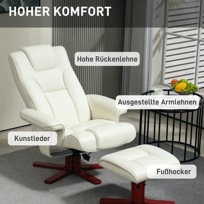 HOMCOM Relaxsessel mit Hocker, Lederoptik, neigbare Lehne, bis 150 kg, Cremeweiß