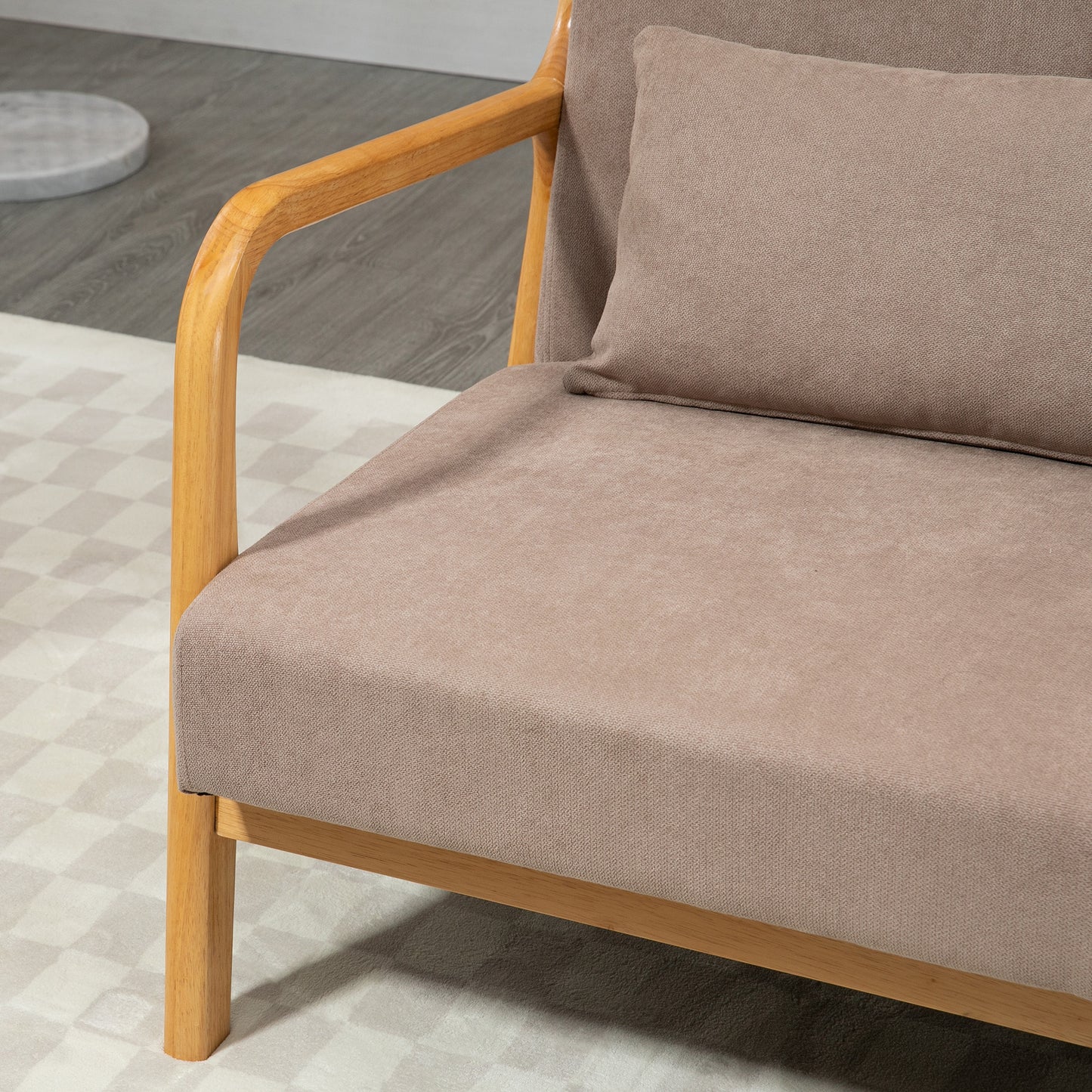 HOMCOM 2-er Sofa, 2-Sitzer, kleines Sofa, Retrodesign, 2 Kissen, Kautschukholz, Braun + Natur
