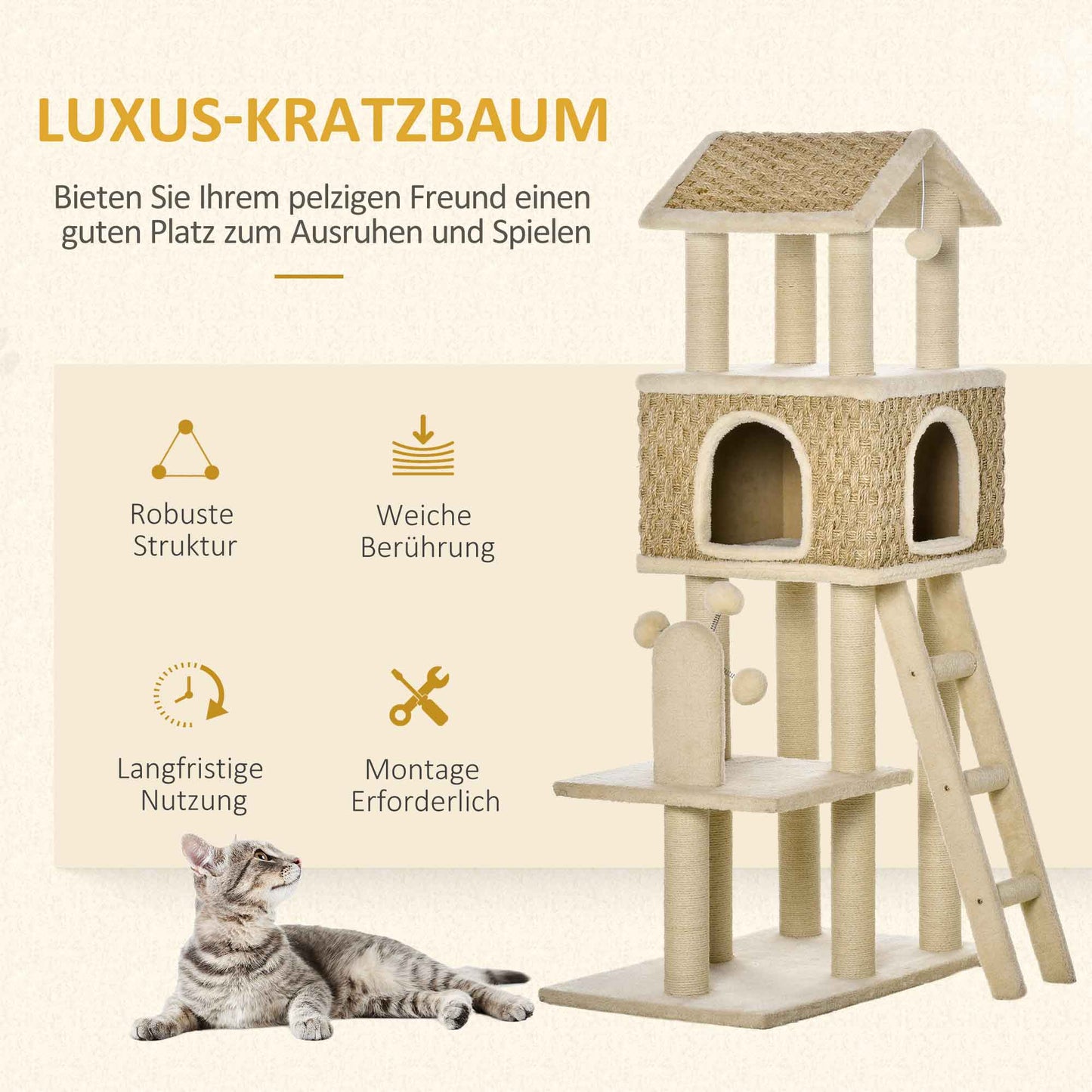 PawHut mit Katzenhöhle inkl. Spielzeug Sisal Plüsch Khaki + Beige + Kaffee