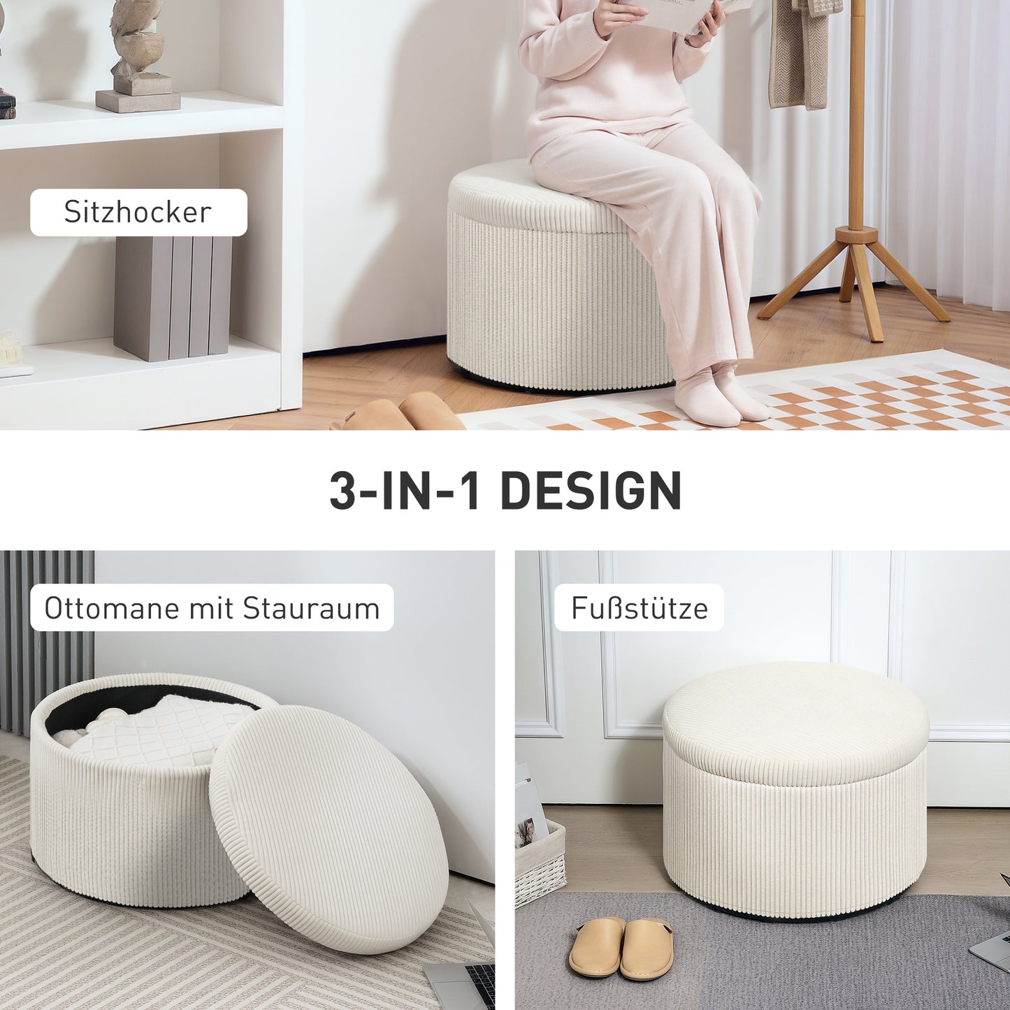 HOMCOM Fußhocker mit 97 L Stauraum, Cordstoff, Schaumstoff, Sitzhocker, Beige