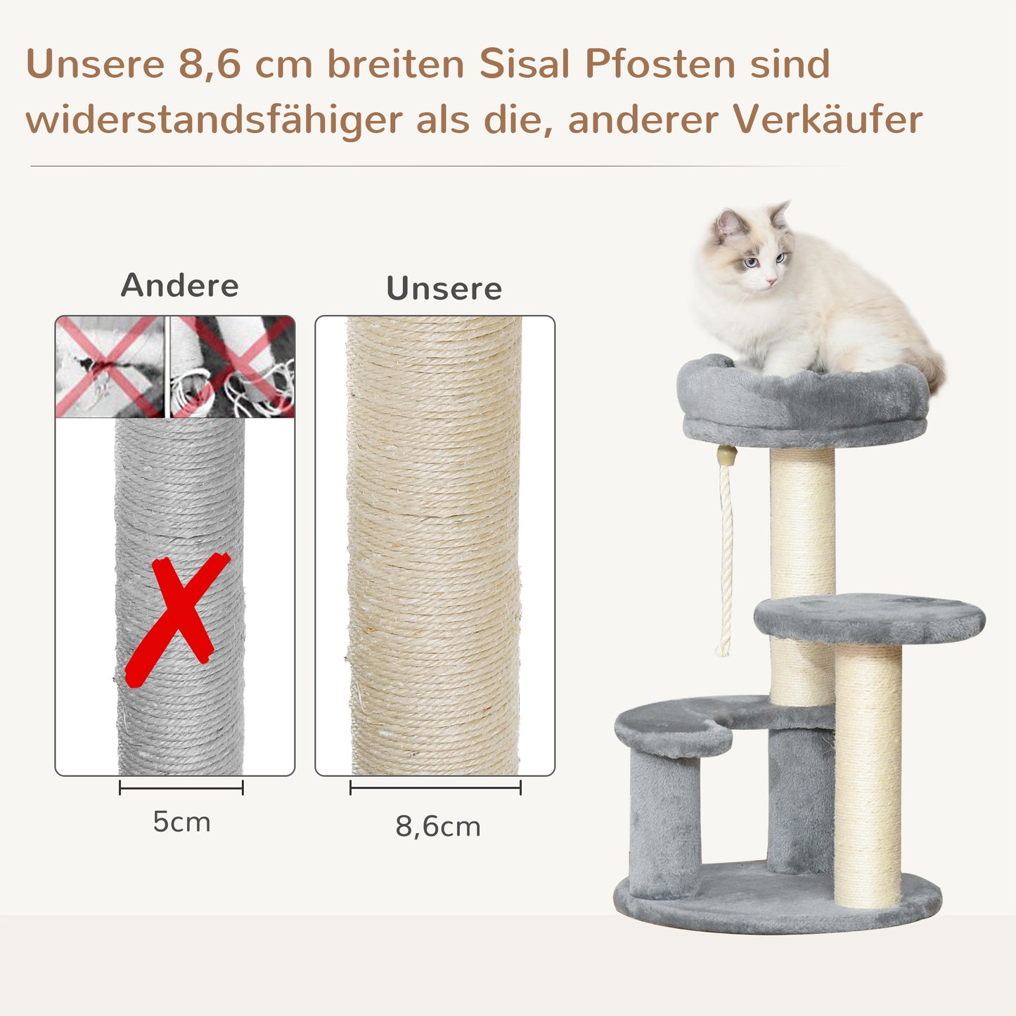 PawHut Katzenbaum Kletterbaum mit Hängematte, 3-Stufiger Spielbaum mit Katzenbett Katzenkratzbaum mit Sitzplattform, Sisalsäulen, Grau Ø40 x H65 cm