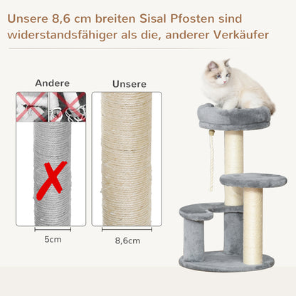 PawHut Katzenbaum Kletterbaum mit Hängematte, 3-Stufiger Spielbaum mit Katzenbett Katzenkratzbaum mit Sitzplattform, Sisalsäulen, Grau Ø40 x H65 cm