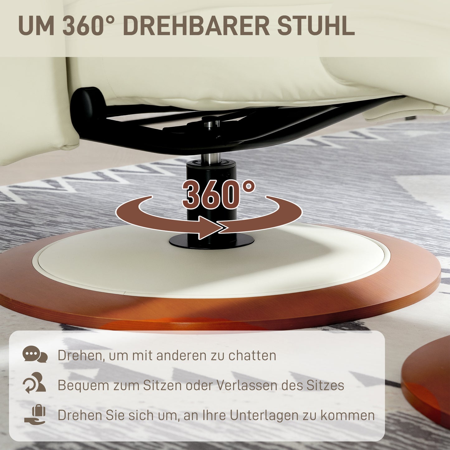 HOMCOM Relaxsessel mit Hocker, Liegefunktion, Drehbarer TV-Sessel mit Holzsockel, bis 150 kg belastbar, Kunstleder, Cremeweiß