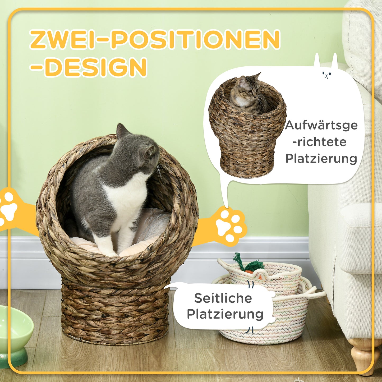 PawHut Rattan Katzenkorb Katzenhöhle Katzenhütte Katzenbett mit Kissen Haustierbett Wasserhyazinthe Kaffee 40 x 37 x 51 cm