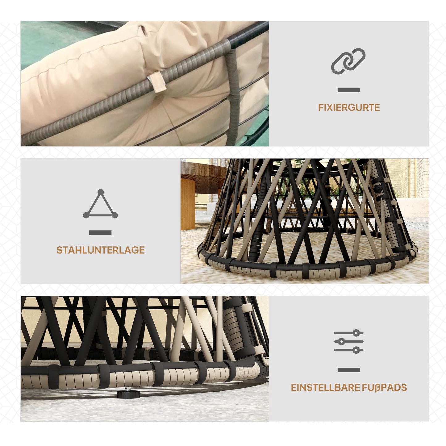 Outsunny Papasansessel Rotting 360° drehbar Korbsessel mit Kissen Durchmesser 90 cm runder Beige