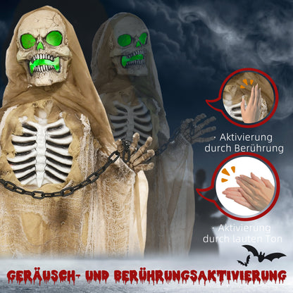 HOMCOM Halloweendekoration, Hängendes Skelett, leuchtender Kopf, unheimliches Heulen, biegsame Arme, Khaki