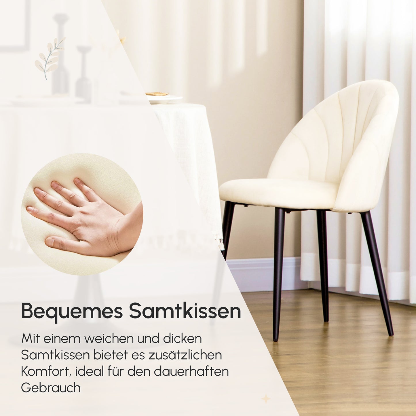 HOMCOM 2er-Set Esszimmerstühle im Skandi-Design, Küchenstühle, Samptoptik, Creme + Schwarz