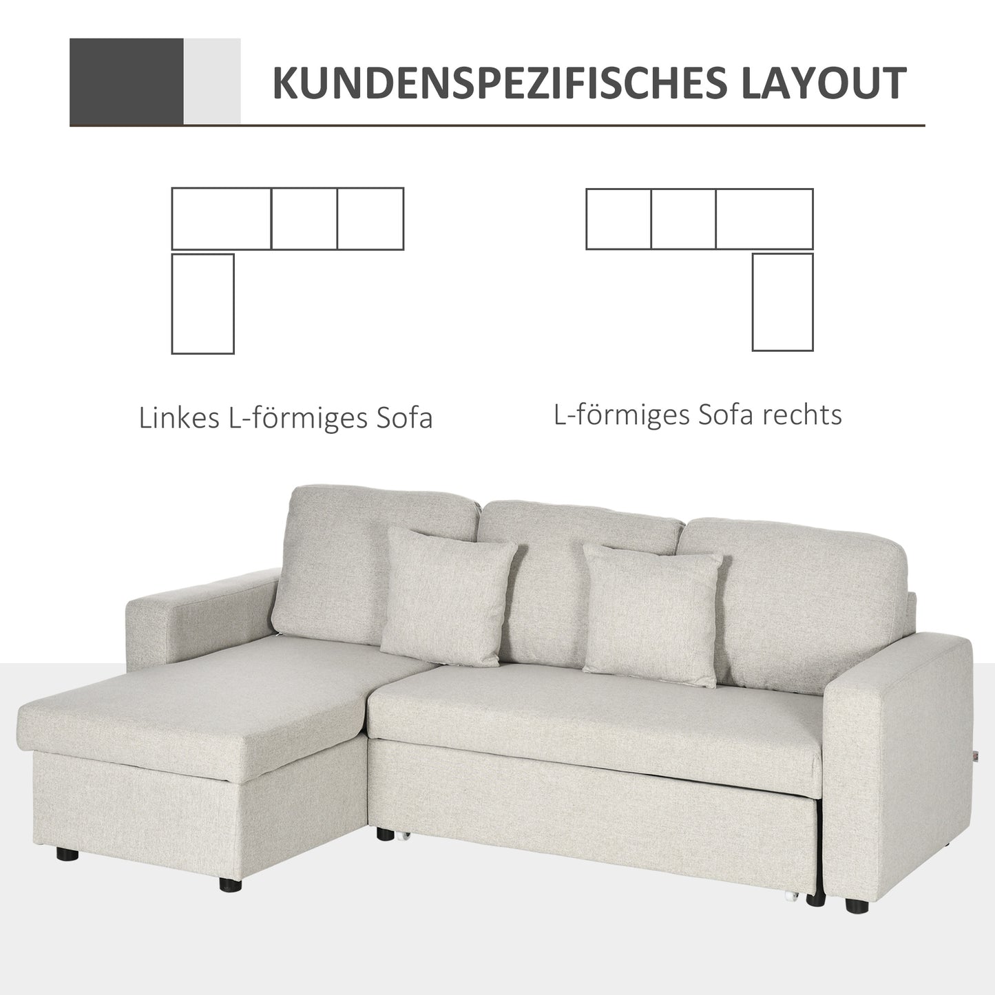 HOMCOM Ecksofa mit Bettfunktion, Eckcouch inklusive 2er-Sitz Sofa, Einzelbett, L-Form mit Stauraum, 2 Kissen Cremeweiß