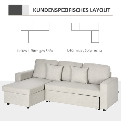HOMCOM Ecksofa mit Bettfunktion, Eckcouch inklusive 2er-Sitz Sofa, Einzelbett, L-Form mit Stauraum, 2 Kissen Cremeweiß