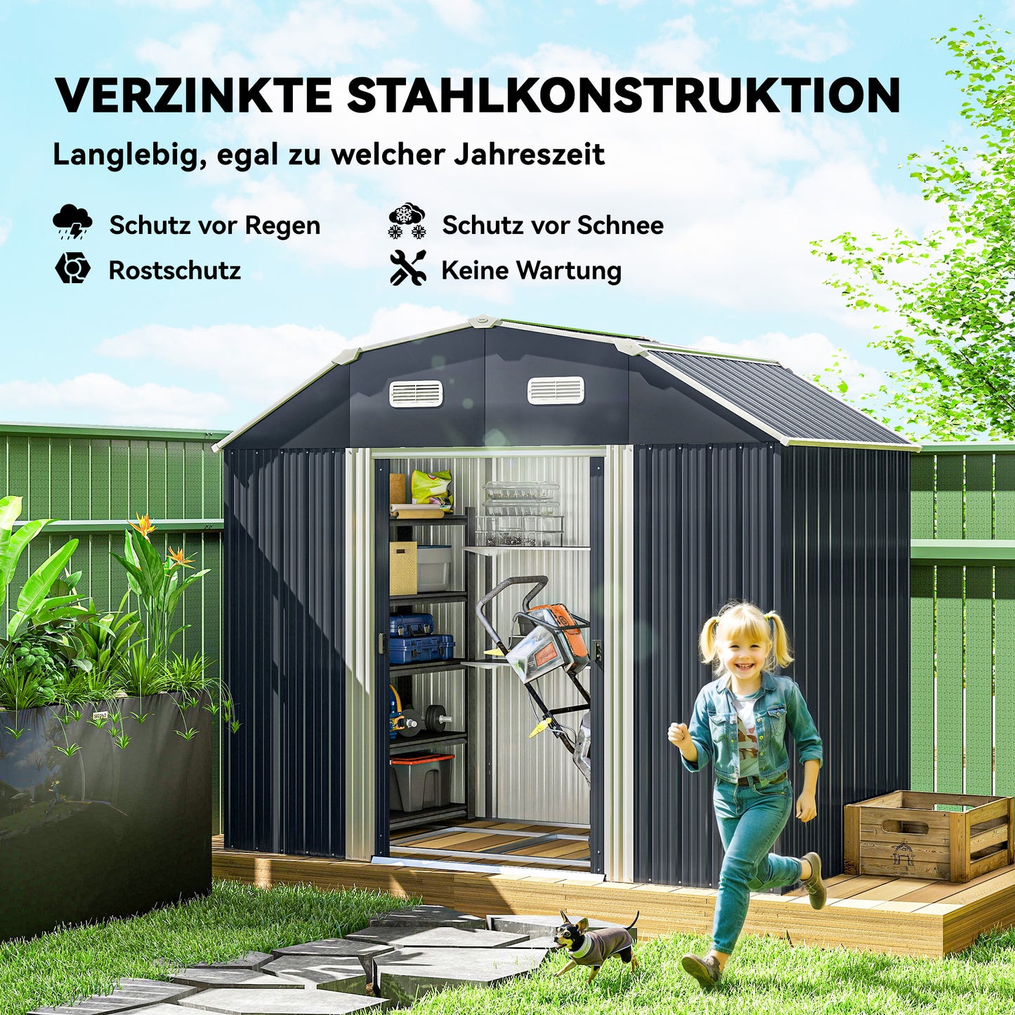 Outsunny Gartenhaus Geräteschuppen Gartenschuppen, wetterbeständig, 2 Fönster, 2 Türen, 238 x 132 x 198,5 cm, Dunkelgrau