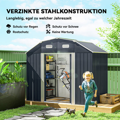 Outsunny Gartenhaus Geräteschuppen Gartenschuppen, wetterbeständig, 2 Fönster, 2 Türen, 238 x 132 x 198,5 cm, Dunkelgrau