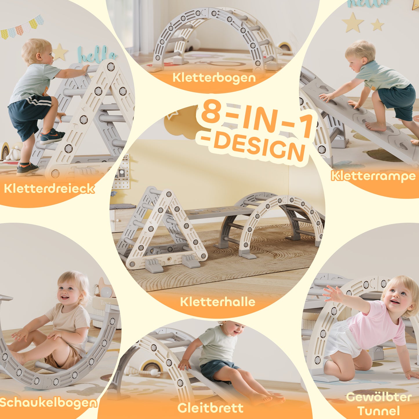 AIYAPLAY Klettergerüst Indoor, 5 in 1 Kletterdreieck mit Rutsche, Kletterbogen, inkl. doppelseitige Rampe, Spielplatz Indoor für Kinder 18-48 Monate, Grau+Weiß