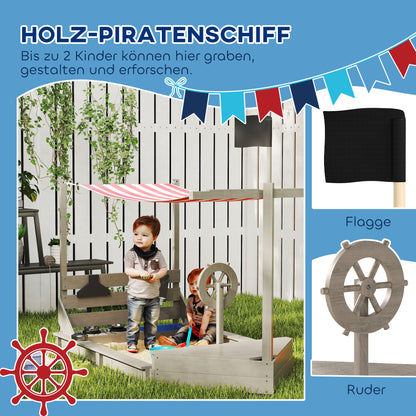 Outsunny Sandkasten mit Sonnendach Piratenschiff, inkl. Barnküchenspielset, Massivholz, 180 x 103 x 144,5 cm, Grau