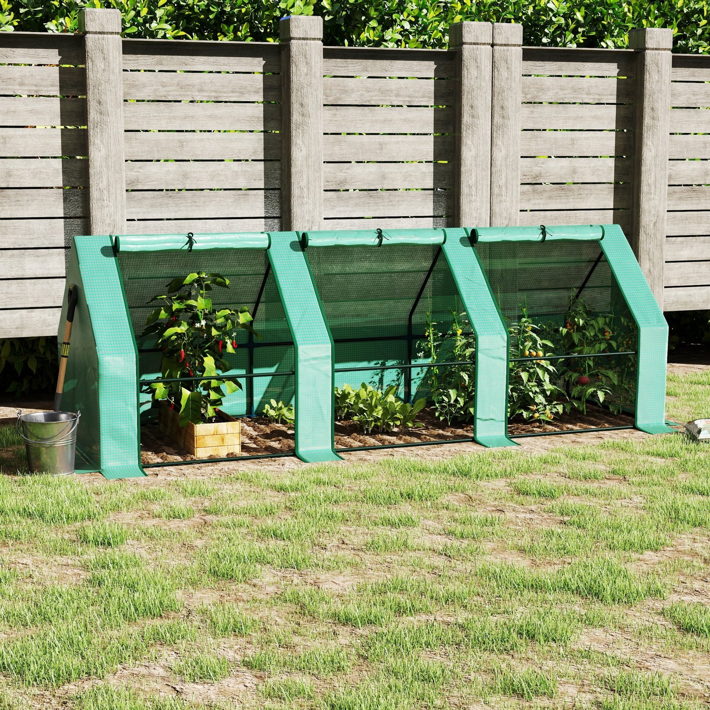 Outsunny Gewächshaus mit 3 Rollfenster, PE-Gitterfolie, Foliengewächshaus aus Stahl, Treibhaus für Balkon, Garten, Tomatenhaus 270x90x90cm, Tomatengewächshaus für Gemüse, Blumen, Pflanzen, Grün