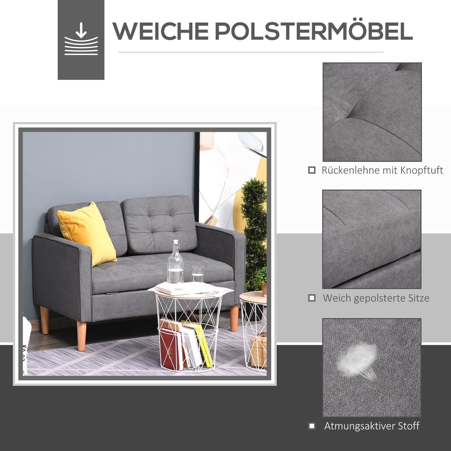HOMCOM 2 Sitzer Sofa, Couch mit Stauraum, Holzbeine, Gepolsterter Polstersofa mit Samtoptik für Wohnzimmer, Schlafzimmer, 117x 62 x 78 cm, Grau