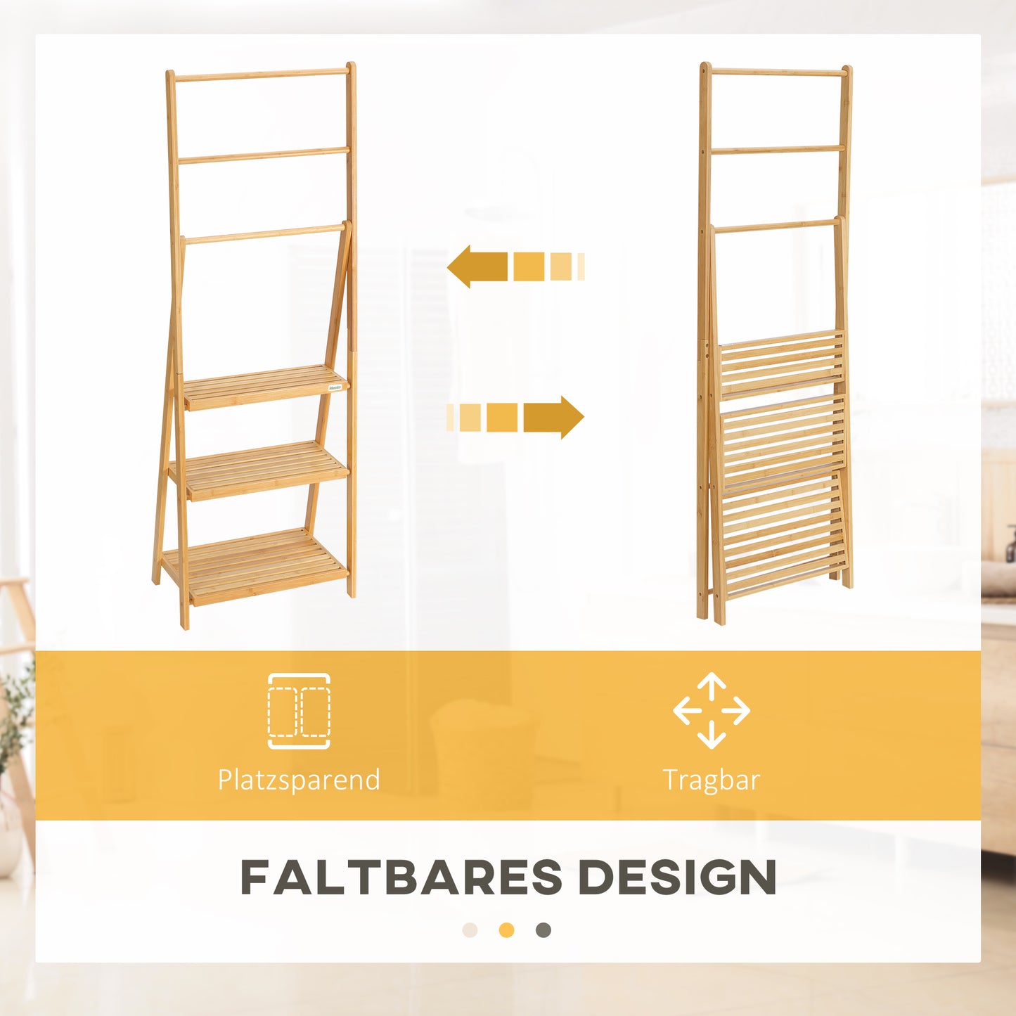 kleankin Handtuchleiter aus Bambus mit Regalen, 3 Regale, 3 Handtuchhalter, klappbar, 53 cm x 30,5 cm x 152 cm, Natur