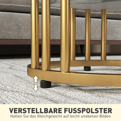 HOMCOM Runder Beistelltisch im 2er-Set, Couchtische in Marmoroptik mit offenem Stauraum und Metallrahmen